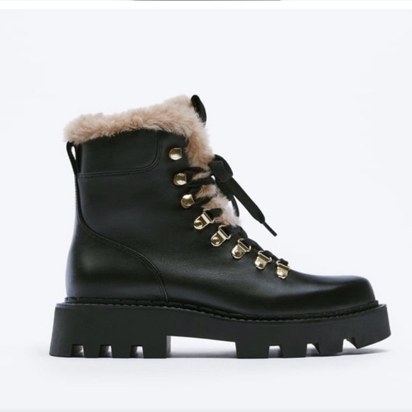 ZARA LEATHER LACE UP FAUX FUR LINED MOUNTAIN ANKLE BOOTS - Picture 4 of 7
